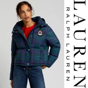 Lauren Ralph Lauren Plaid Beaded-Crest Hooded Down Jacket*NWT